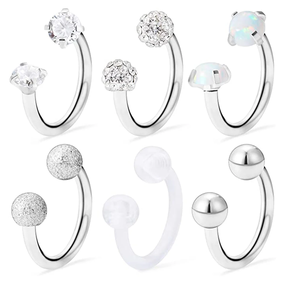WKoud 6style z nehrdzavejúcej ocele Opal Crystal Cz guľový nos septum podkov náušnice obočia špirála špirála Tragus chrupavka Piercing prsteň