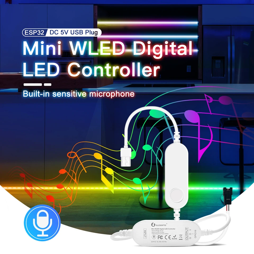 WLED ESP32 LED radič RGB IC Digital s mikrofónnou hudbou zvukový režim DC5V USB WS2811 WS2812 WS2812B Adreile LED pásik LED