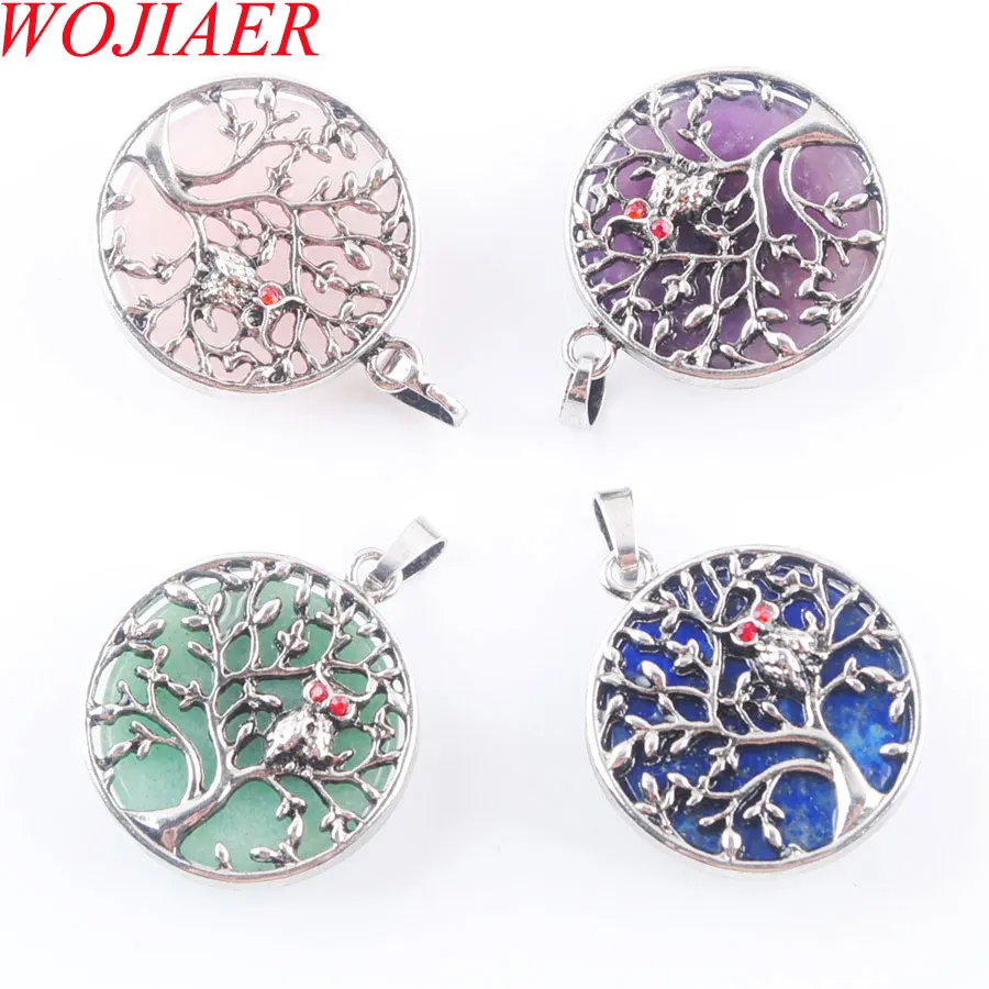 Wojiaer prírodný kameň Opal Quartz Crystal Pendant Vintage Tree of Life Cabochon Round Round Flat Bet Jewelry výroba bn365