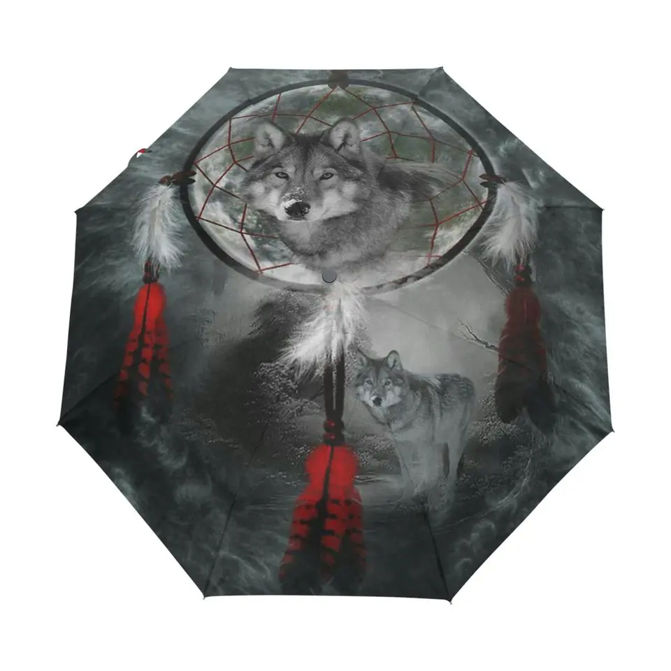 Wolf Dreamcatcher Cestovný dáždnik pre dažďové slnko Gothic Animal Compakt skladací dáždnik prenosné vetru odolné voči dospievajúcim