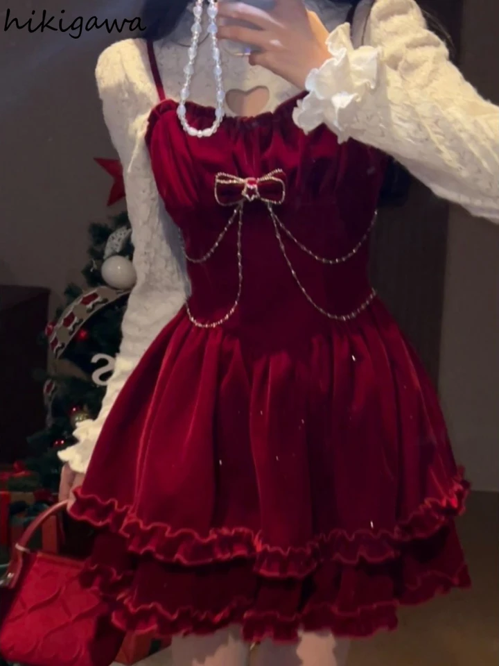 Womans Clothes pre 2024 Dvojdielne nastavené dutiny z čipiek s dlhým rukávom Tops Tops Tunic Sling Dress oblečenie módu Kórejský oblek