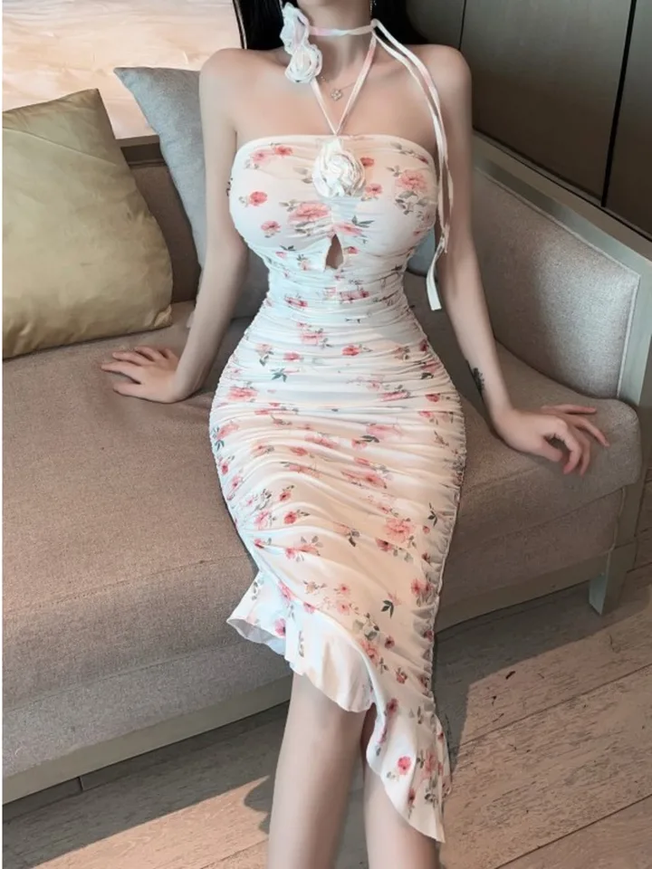 Womengaga kancelárske šaty Sexy podprsenka visiaci krk kvetiny skladané voláčkové tesné šaty elegantné sladké ženy robe párty t8qb