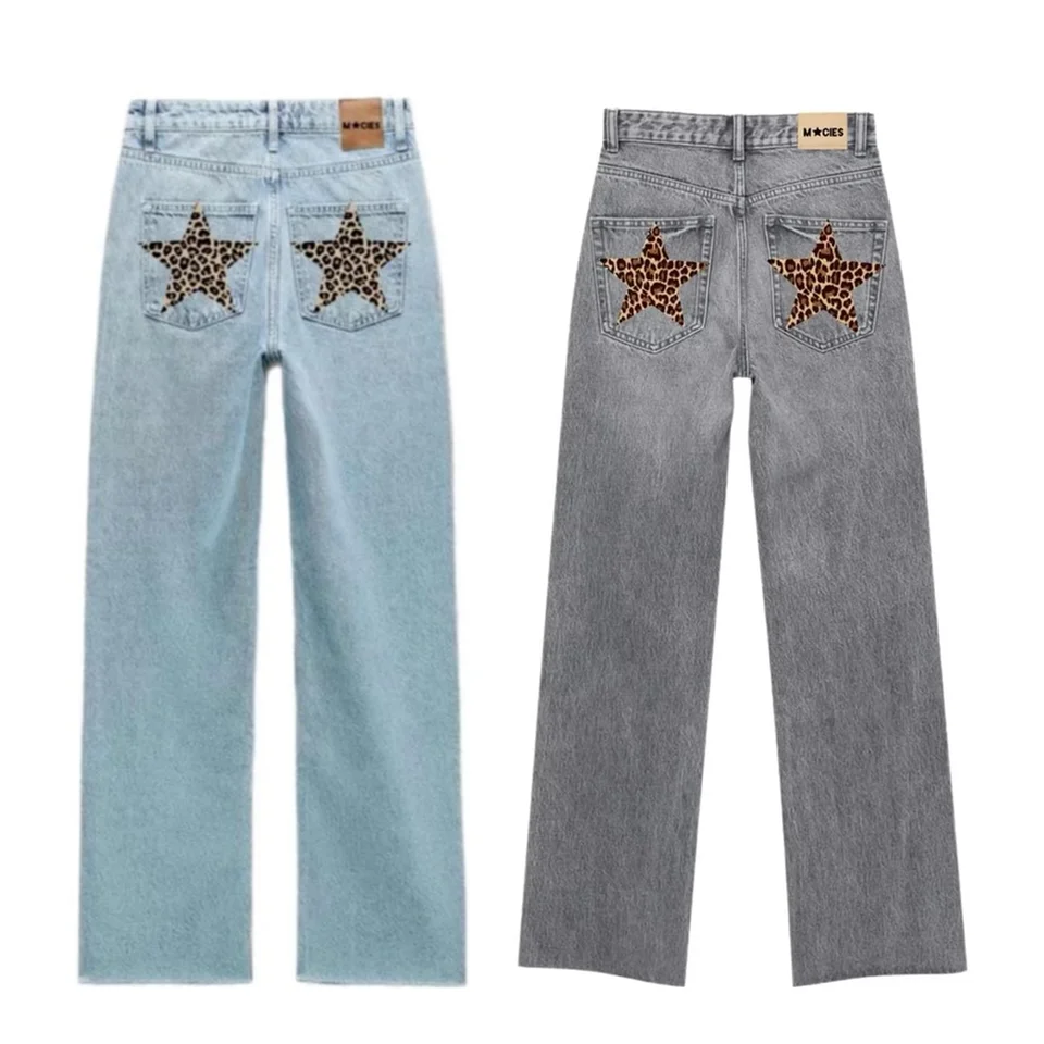 Womens American Leopard Five Sointed Star Jeans y2k harajuku hip hop vyšíva