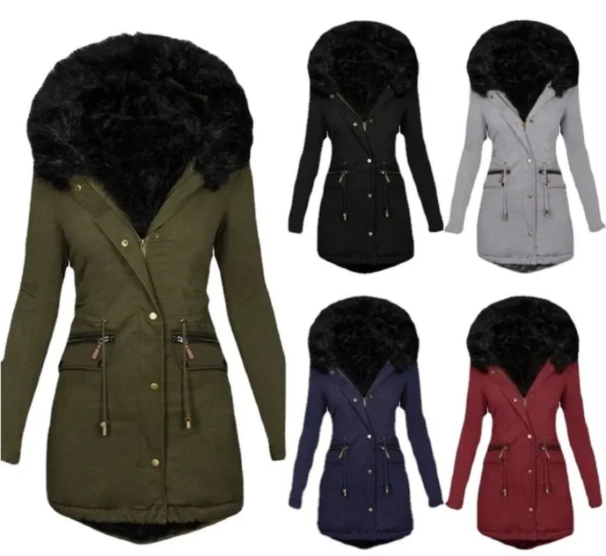 Womens Parkas Jeseň a zimná plná farba s kožušinami s kapucňou v strednej dĺžke teplá bavlnená bunda pre ženy