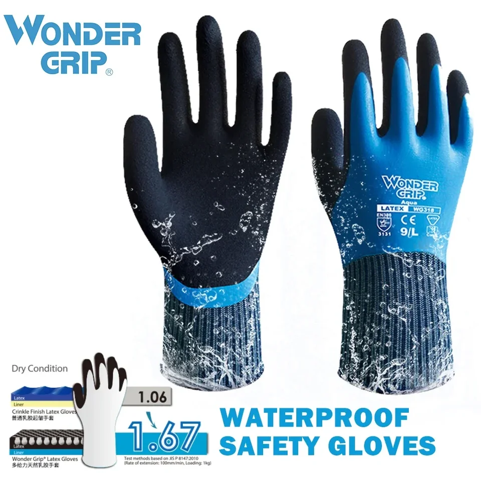 Wonder Grip WG-318 Bezpečnostné vodotesné rukavice Žena Pánske rukavice dvojité potiahnuté nylonové rukavice Pohodlné latexové peny