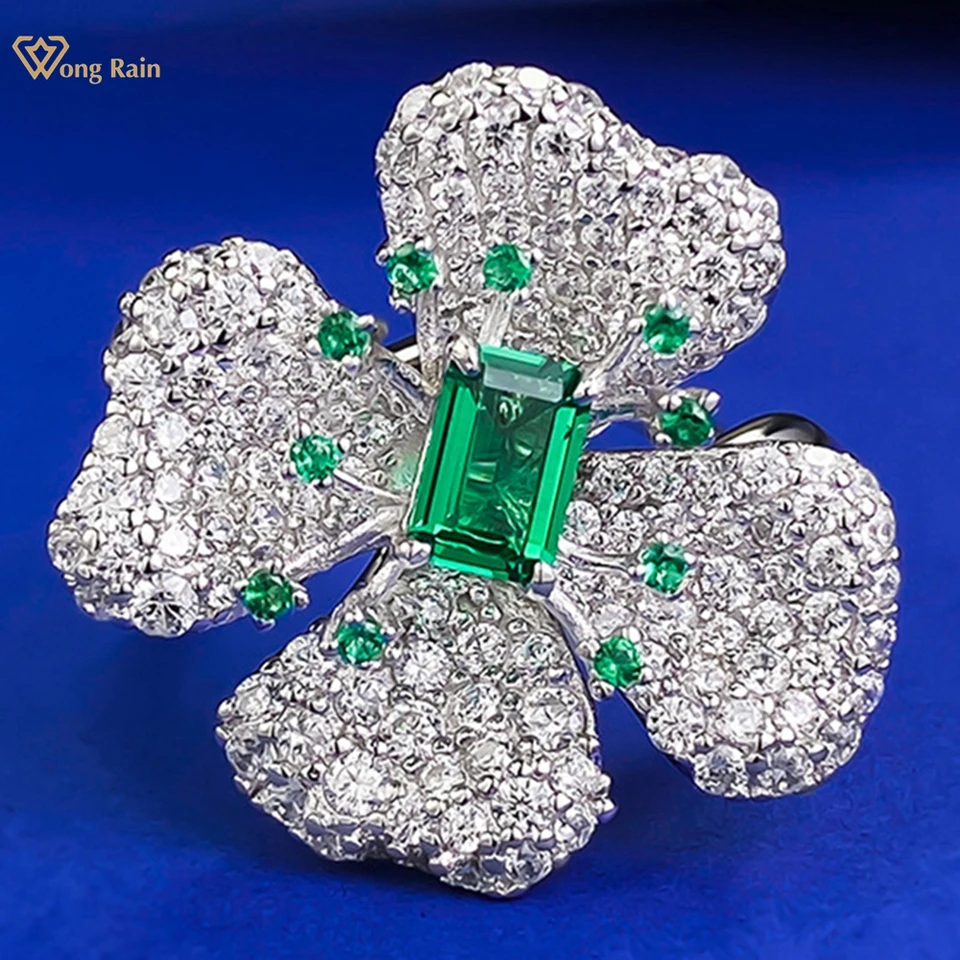 Wong Rain 100% 925 Sterling Silver 4*6 mm Emerald High uhlíkový diamant Gemstone nastaviteľný kvetinový prsteň pre ženy jemné šperky