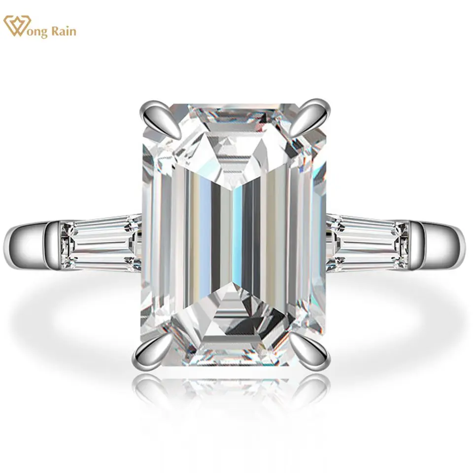 Wong Rain 925 Sterling Silver Emerald Cut vytvoril Moissanite Gemstone Svadobné zásnub
