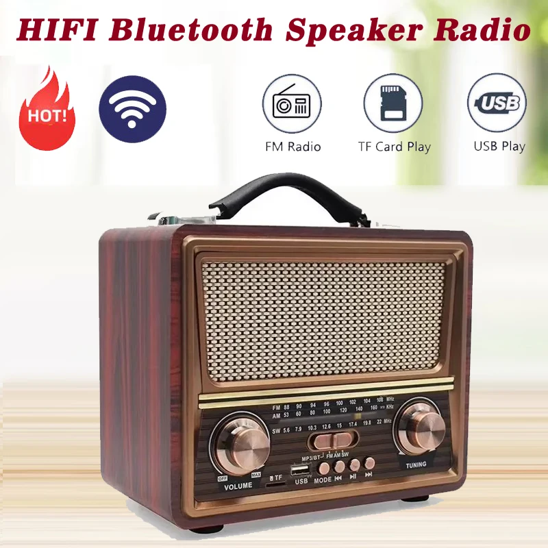 Wood Stero Wireless Bluetooth reproduktor Hifi Sterero MP3 prehrávač rádio prijímača Nabíjateľný FM/AM/SW podporuje USB/SD/TF