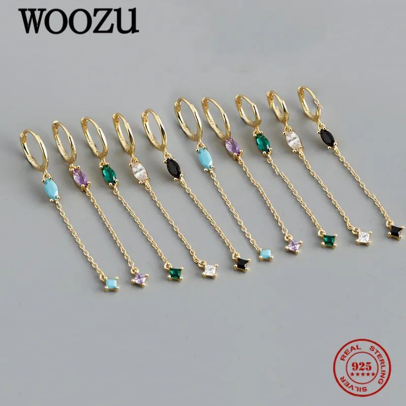 Woozu Real 925 Sterling Silver Minimalistické námestie Farebné zirkónové náušnice pre ženy Party Girl Gothic Rock Jewelry Darčeky