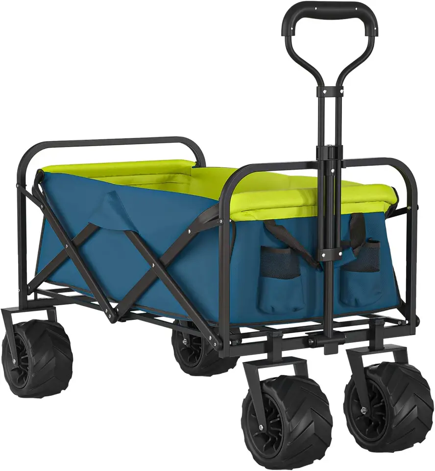 Woqi High Duty Collapsible Skladanie všetkých úžitkových úžitkov s odtiahnuteľnou rukoväťou a držiakmi pohárov plážový vozeň