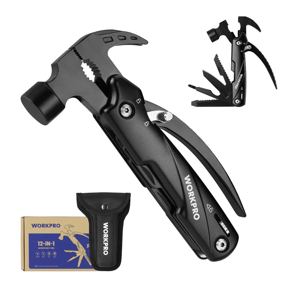 WorkPro 12 in 1 Hammer Multitool Prenosná z nehrdzavejúcej ocele Multitool Claw Hammer s plášťom pre lov kempingu prežitia vonku