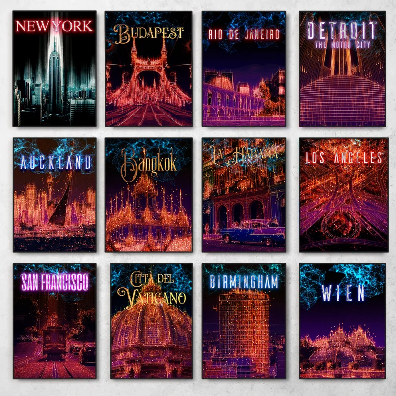 World City Night Lights Plagát Budapeest Wien Bangkok Boston New York Modern City Lights Canvas maľba pre izbu domov dekorácie