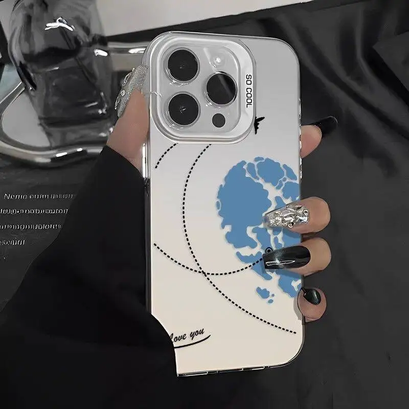 World Map Cestovné lietadlá Pár telefón pre iPhone 15 Plus 14 Pro Max 11 12 12 Mini 13 Luxusný strieborný laserový matný matný obal