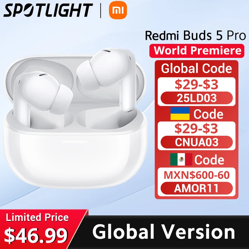 [World Premiere] Redmi Buds 5 Pro Global Version 52DB Zrušenie hluku do 4 kHz ultra širokou frekvenciou 38 hodín výdrž batérie