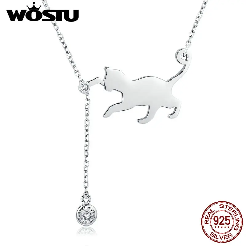 Wostu 100% 925 Sterling Silver Hravé reťazce mačiek Prívesok Náhrdelník pre ženy Luxusná značka šperky Dropshipping Darček CQN232