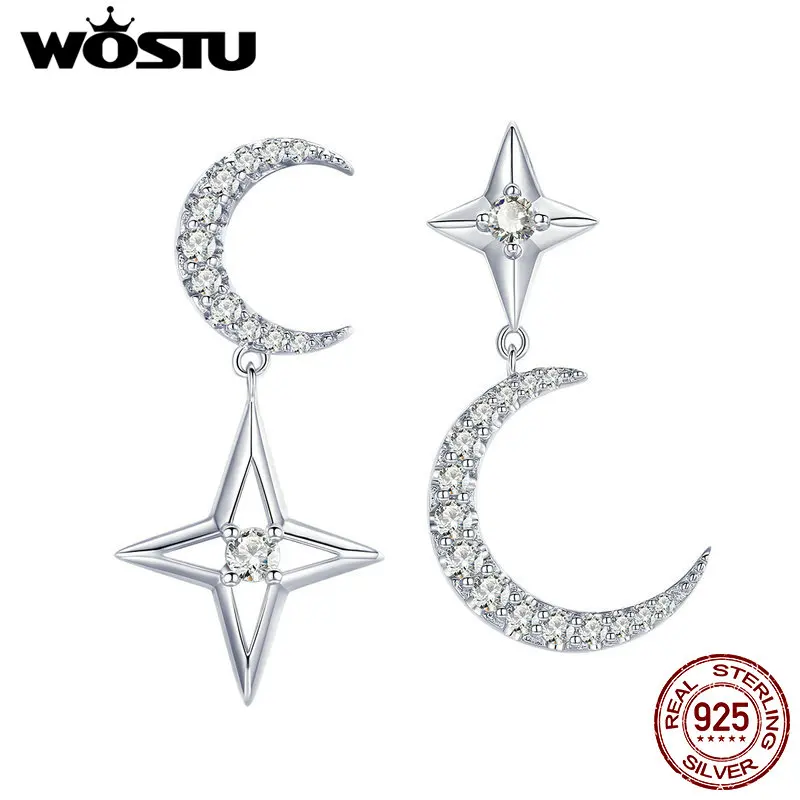 Wostu 100% 925 Sterling Silver Moon & Stars Clear Zirkon Drop náušnice pre ženy zásnubné módne štýl strieborné šperky CTE050