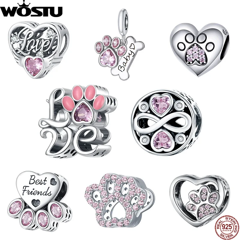 Wostu 925 Sterling Silver Love Pet Cat Cat Claw Claw Srdce kúzlo ružový zirkón dutý
