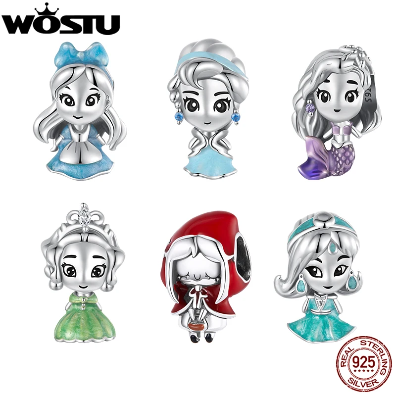 Wostu 925 Sterling Silver Orignal Princess Charms prívesok Cartoon Girl Girl Fit náramok náhrdelník pre dievča