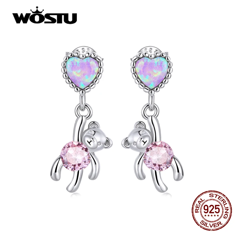 Wostu 925 Sterling Silver Purple Opal Love Heart Ružový medveď Round Bead Stud náušnice pre ženy módne párty darček klenotnícke CQE1384