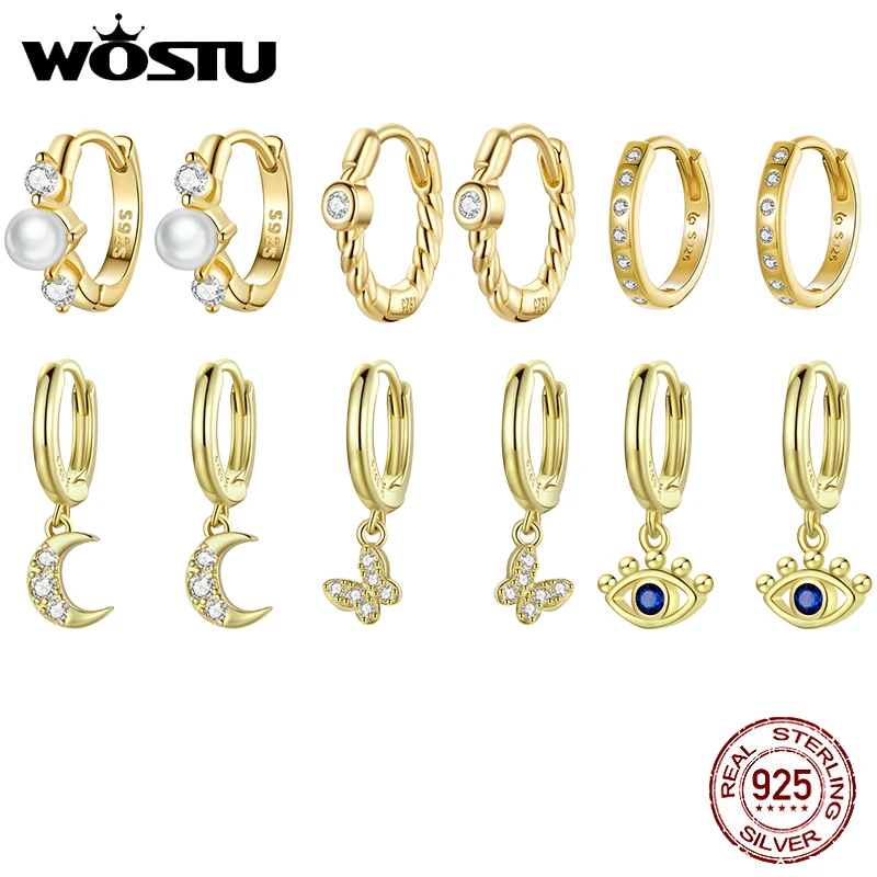 Wostu 925 Sterling Silver Shining Spiral Spiral Zlatý zirkónový stud náušnice pre ženy Svadobné módne výročie šperky CQE1255