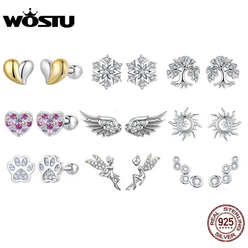 Wostu 925 Sterling Silver Snowflake Heart Angel Wing Stud náušnice Ženy Sun Star Zirkon Ear Studs Svadobné oslavy darček