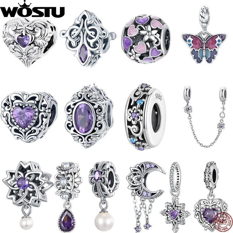 Wostu 925 Sterling Silver Strieda s zasvätené fialové srdcové kúzla bezpečnostné reťazové reťazce šperky korálky Fit Original náramok pre domácich majstrov pre ženy