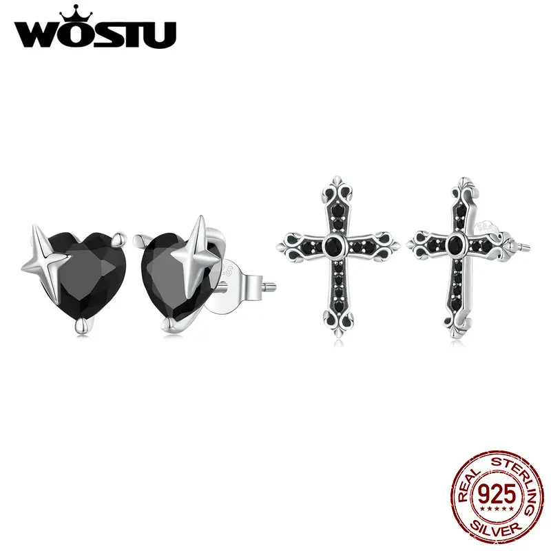 Wostu 925 Sterling Silver Vintage Heart Cross náušnice s čiernym zirkónom pre ženy Denne jemné šperky záhadný darček