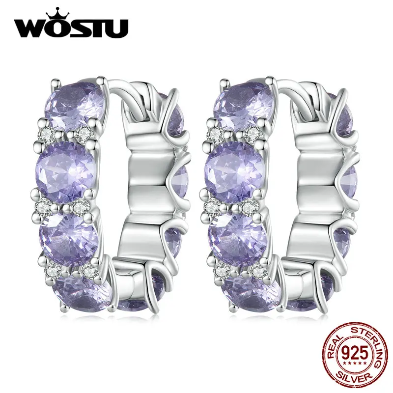 Wostu Big Stone 925 Sterling Silver Classic Round Round Crple Crystal Hoop náušnice Ženy Originálne svadobné náušnice prívesok
