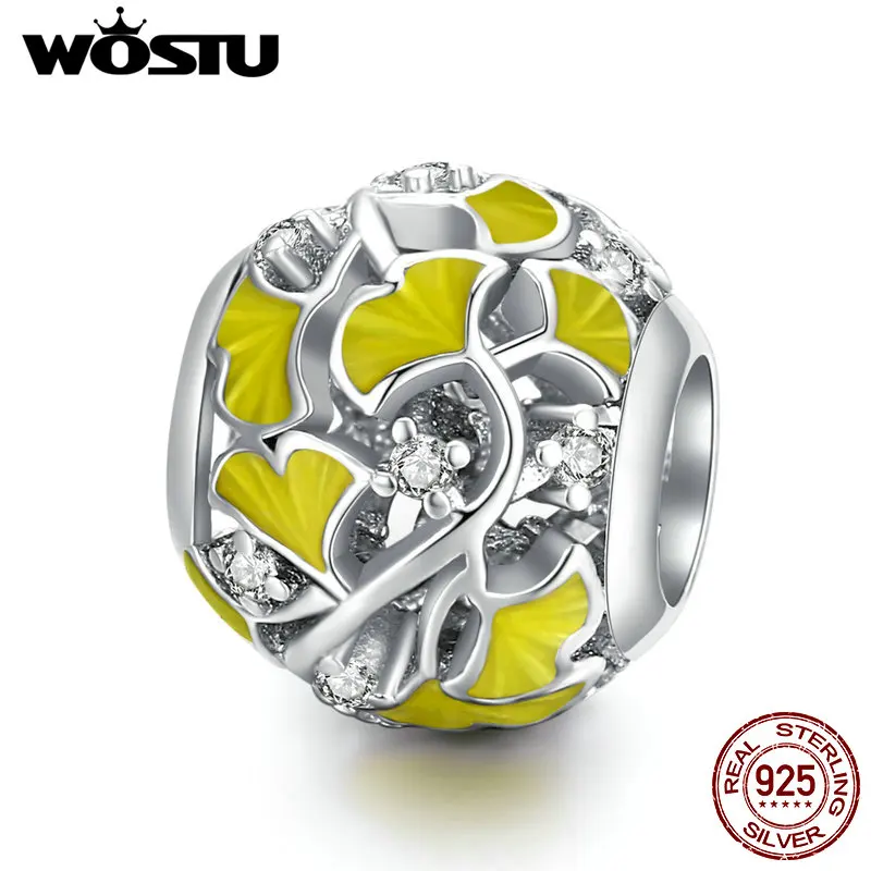 Wostu Ginkgo Lists Charms 925 Sterling Silver Yellow Enamel Yellow Cz Round Fit Fit Original náramok náhrdelník klenot; Ry CTC334