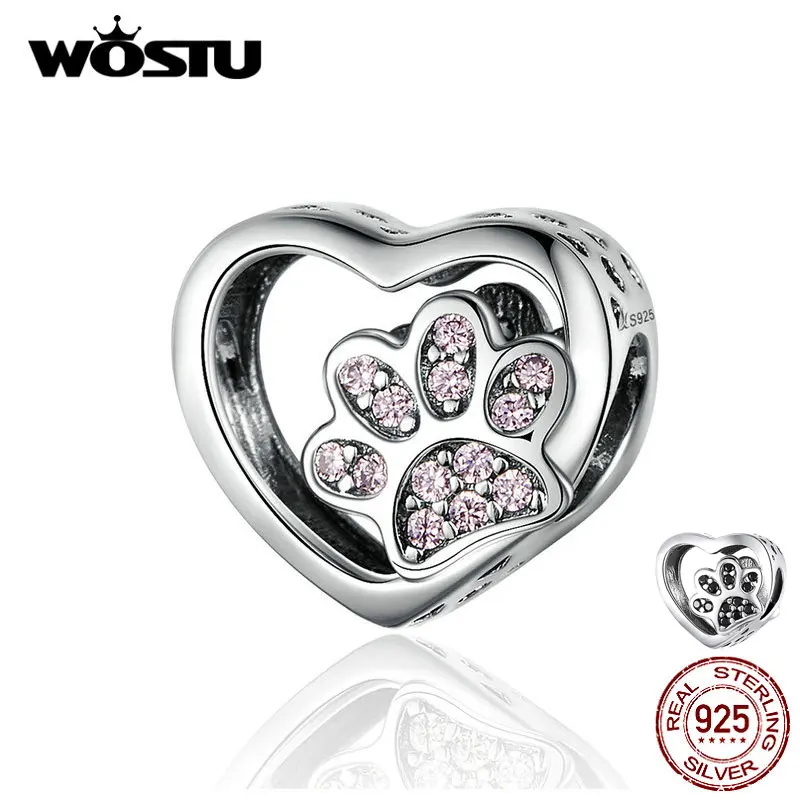 Wostu Heart Dog Paw Paths 925 Sterling Silver Pink Cubic Zirconia Charm Fit Original Bracelet Animal Pendant šperky C1191