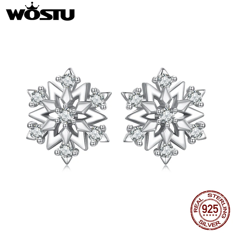 Wostu najnovšie náušnice snehových vločiek pre ženy 925 Sterling Silver plné zircon Crsytal Party Stud Stuž
