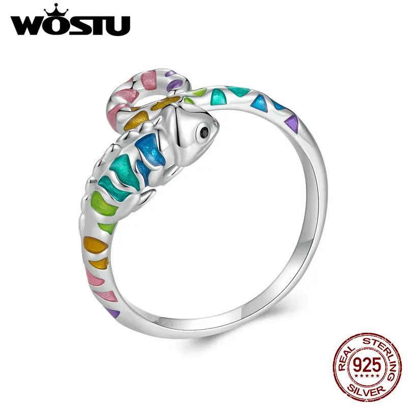 Wostu Rainbow Chameleon Open Ring 925 Sterling Silver Multi Color Animsutable Rings Women Girl Bithday Šperky jedinečný darček