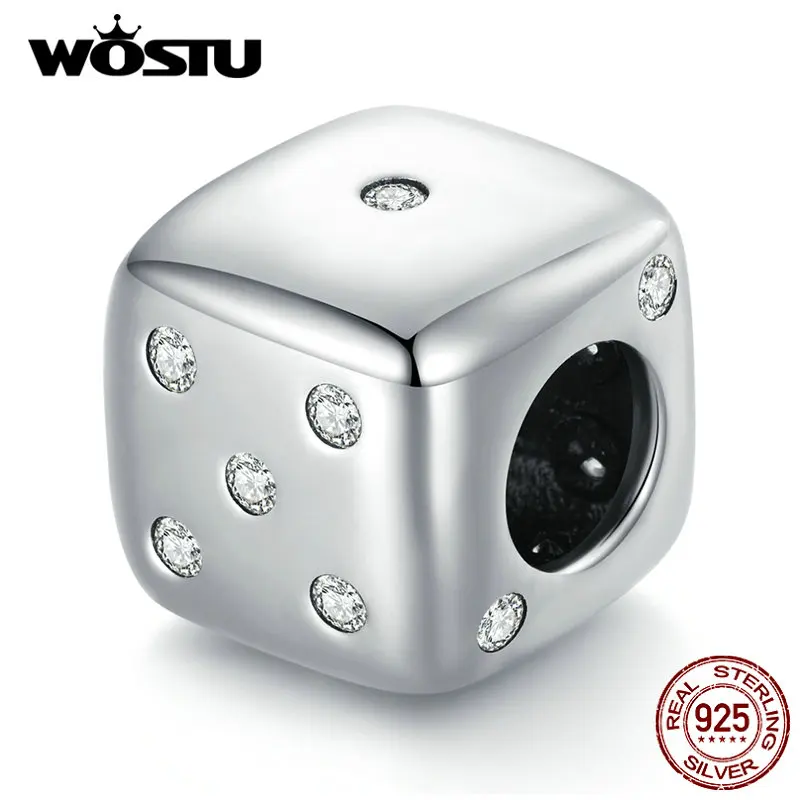 Wostu Real 925 Sterling Silver Lucky Dice Beads Square AAA lesklý zirkónový kúzlo fit originálny náramok náramok DIY šperky výroby