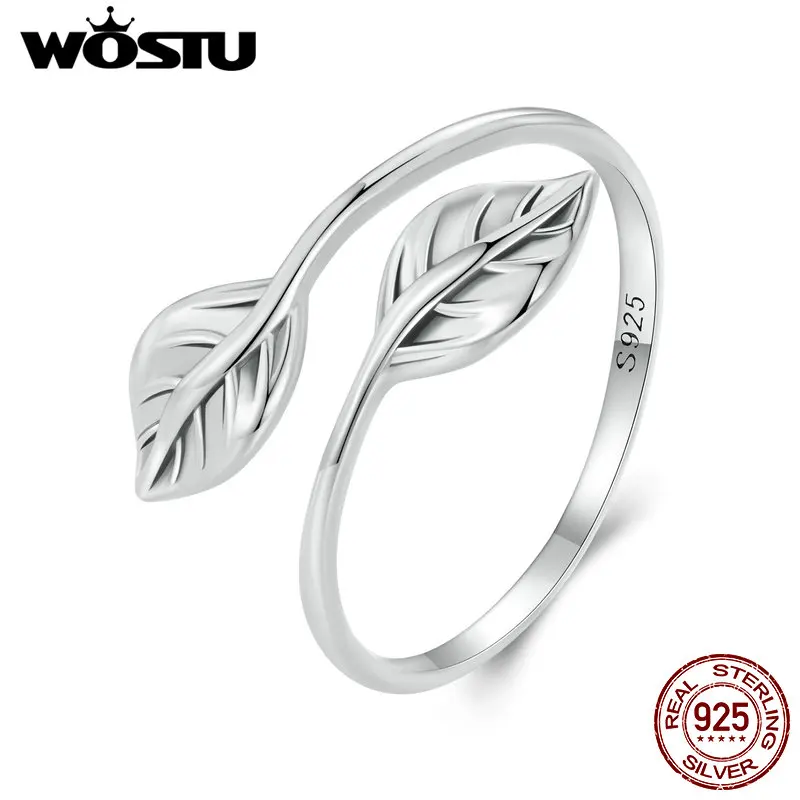 Wostu Real 925 Sterling Silver Vintage Leaf Open Ring pre ženy klasické stohovateľné nastaviteľné prstene Party šperky darček