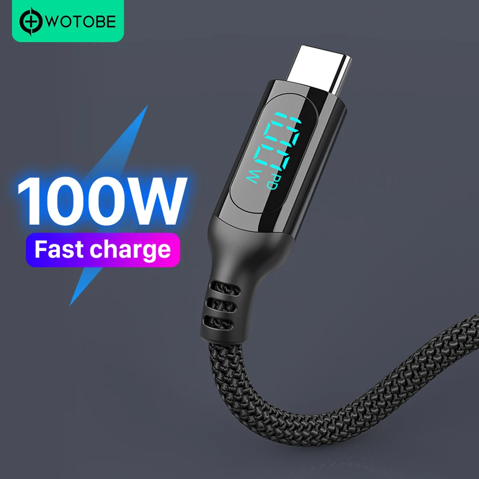 Wotobe PD100W USB C na USB C kábel 5A E-Mark LED DIGITÁLNE DIGITÁLNE DIGIST DISPLETOVÝ KABEL PABILNÝ KABEL PABILA PRE TYPOP NAPLATÍ IPAD Samsung S21/20