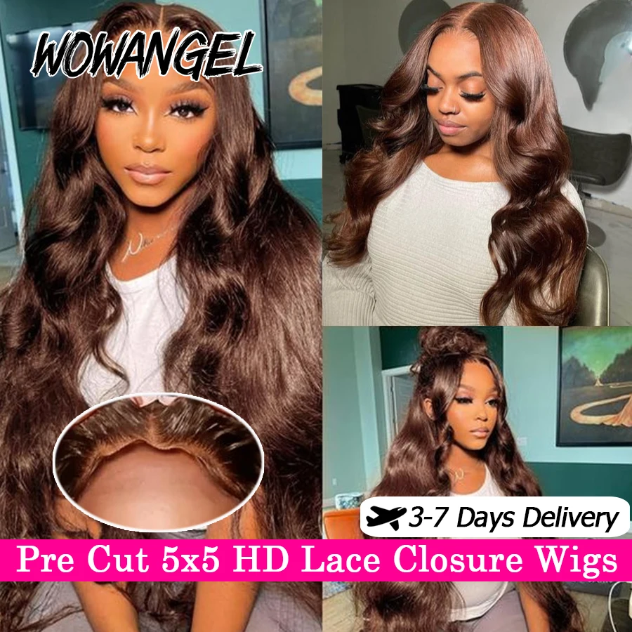 Wow anjel pred rezanie 5x5 HD čipkované zatvorenie parochne 34in čokoládové hnedé vlnu tela bez glue bez parochní Parochne roztavené ľudské vlasové parochne pre ženy