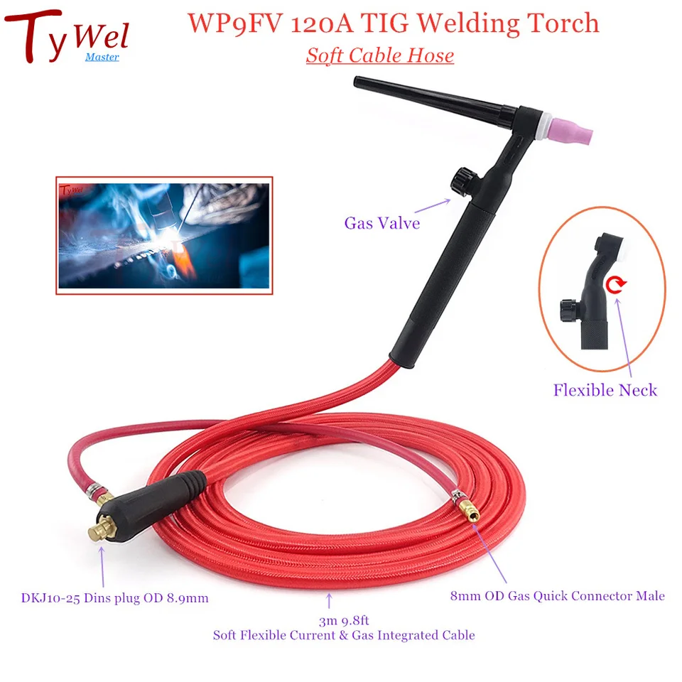 WP9FV 120A TIG Zváranie TORCH 3M Soft Hadica Plynový volfrám WP9 Argon Air Chladený Flexibilný ventil 10-25 8 mm rýchly zvárač konektorov