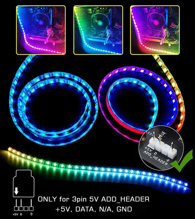 WS2812B RGB LED pásik pre ASUS AURA Sync / MSI Sync Sync / GigaByte RGB Fusion 2.0 (5V 3 PIN Adreate LED hlavičky)