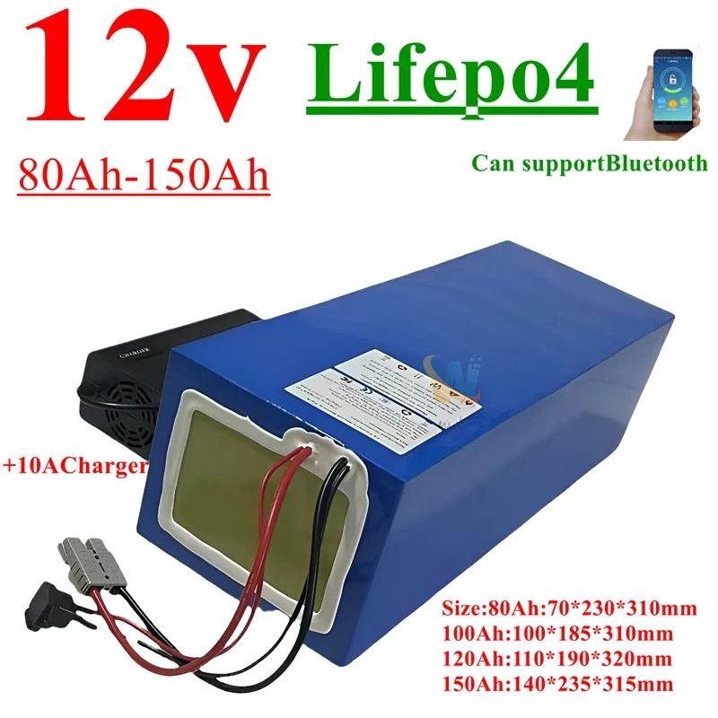 WT LifePo4 12,8V 100AH ​​lítium batérie Bluetooth BMS App 12v 100AH ​​120AH 80AH pre 1200 W Caravan Boat Solar Energy + 10A Charger
