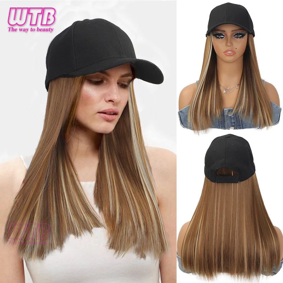 WTB Fashion Black Baseball Cap s parochňou One Piece Ženy Summer syntetické dlhé priame vlasy nastaviteľné klobúky Parochňa