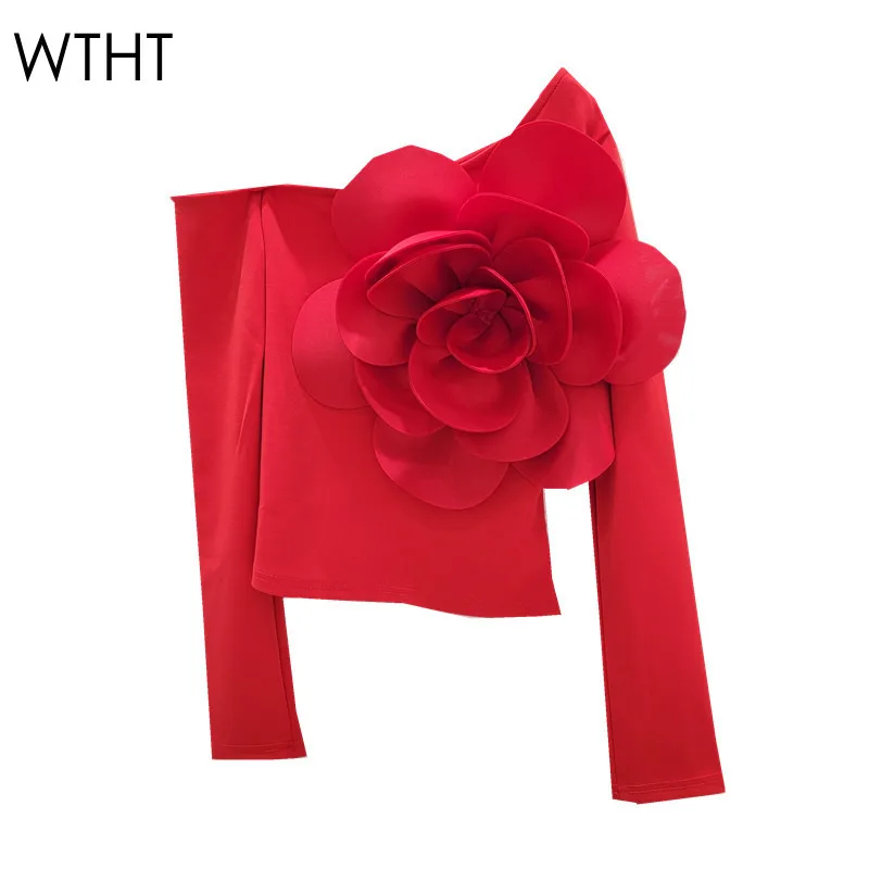 WTHT Fashion Women's Stvorená 3D veľké kvetiny s jedným ramenným nádrže 2024 Jesenné dlhé rukávy štíhle popruhové vesty Žena 1LS296