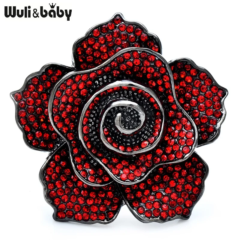 Wuli & Baby Luxury Shinning Rose-Flower Brošes pre ženy 4-farebné plné kamienky očarujúce kvetinové rastliny kancelárske večierky Brošové kolíky