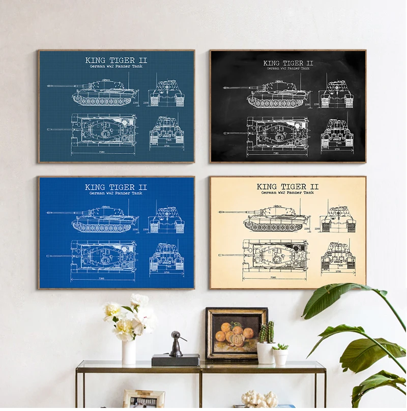 WW2 Tank Patent Vintage Plagáty a výtlačky nemeckého tanku King Tiger 2 Blueprint Art Canvas maľba chlapcov
