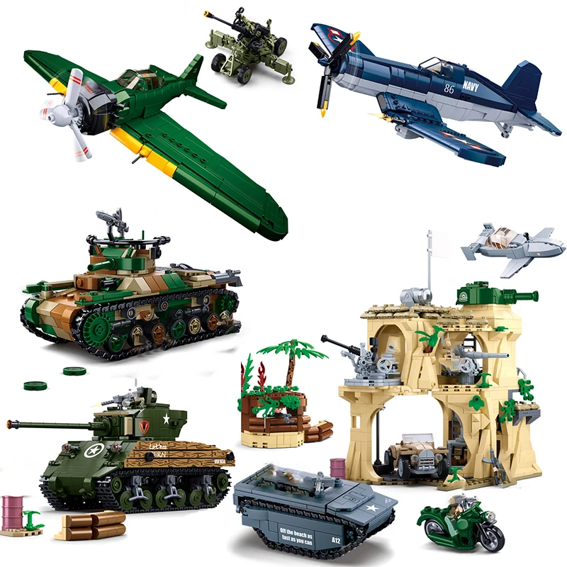 WW2 US M4A3 Armáda Japonsko Lietadlo Tichomorie Bitka Iwo Jima Building Blocks World War 2 Vojenské brnenie súpravy stíha