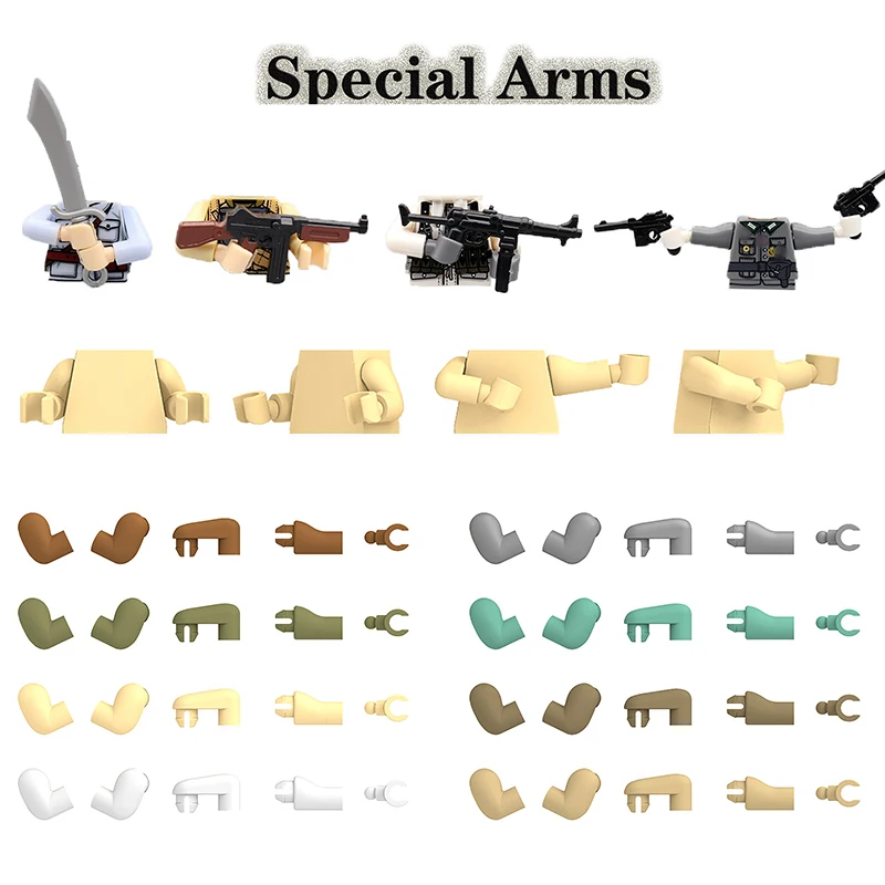WW2 Vojenské zbrane figúrky ruky ruky časti tela Viacfarebné armádne doplnky Stavebné bloky Special vojakov Guns Gricks Hračky