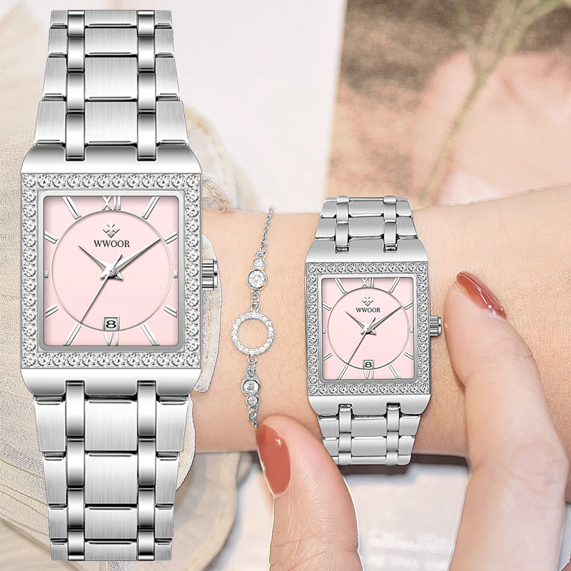Wwoor Top Brand Luxury Nové dámy Diamond Watch Fashion Square Lady Watch Watch Jednoduché ženy Šaty Small Watch Relogio Feminino