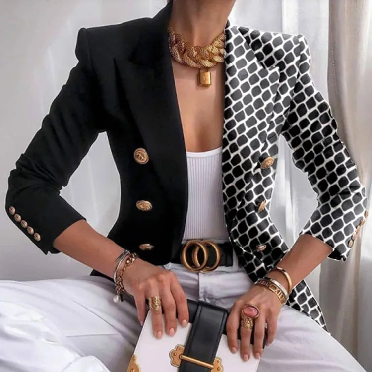 www.formove.sk Europe a Spojené štáty americké Newwomen's BlockAutum a Winter Print Small Suit Fit Fashionshort Double-Printed Top