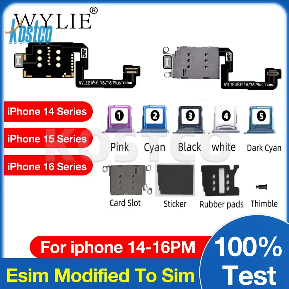 Wylie pre iPhone 16 15 14 Pro Max ESIM upravené na SIM bez dierovacieho vrstvenia Dvojitá karta so vstavanými dielmi držiaka kariet