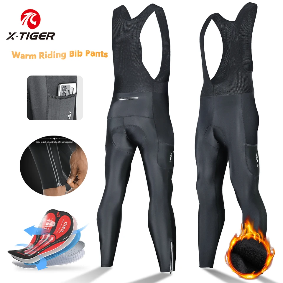 X-Tiger Bicycle Bib Pants Men 5D Čalúbá cesta vetruvzdorná fleece lemovaná nohavičky legíny Zimné teplé cyklistické jazdecké opotrebenie bicyklov