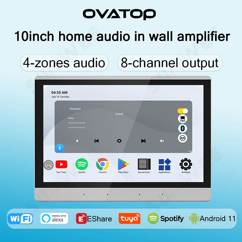 X10 palcový Adroid11 ​​TUYA SMART 4 ​​Zóna Vstavaný zosilňovač triedy-D 8x30W Alexa Home Audio Bluetooth WiFi Theatre v zosilňovači steny